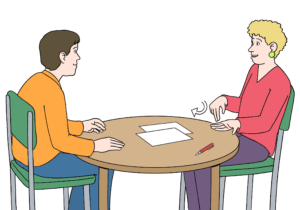 Zeichnung von zwei Menschen, die an einem runden Tisch sitzen. Der Berater rechts schaut die Frau links an. Sie gebärdet etwas.