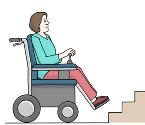 Zeichnung einer Rollstuhlfahrerin. Sie steht mit ihrem Rollstuhl vor Treppenstufen.