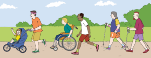 Zeichnung von sechs Menschen mit und ohne Beeinträchtigungen, die zusammen im Park laufen und Sport machen. 