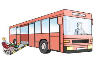 Zeichnung eines Busses. Links ist die Rollstuhlrampe ausgeklappt. Ein Rollstuhlfahrer fährt in den Bus.