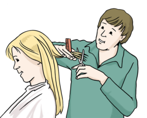 Zeichnung. Eine Person schneidet einer Frau die Haare.
