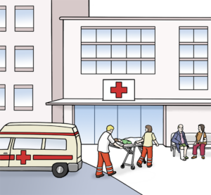 Zeichnung eines Krankenhauses; der Eingang ist zu sehen, davor Menschen und ein Krankenwagen