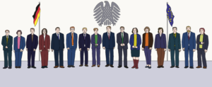 Zeichnung von 16 Frauen und Männern. Im Hintergrund der Bundesadler sowie links die deutsche Fahne und rechts die Fahne der EU.