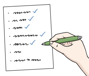 Zeichnung eines Blattes Papier, darauf angedeutet sieben Notizen mit Aufzählungszeichen. Rechts im Bild eine Hand, die einen Kugelschreiber hält. Fünf Notizen sind bereits abgehakt.