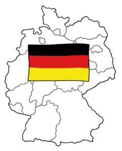 Zeichnung des Umrisses von Deutschland, darin die Umrisse der Bundesländer; in der Mitte die Deutschland-Flagge.