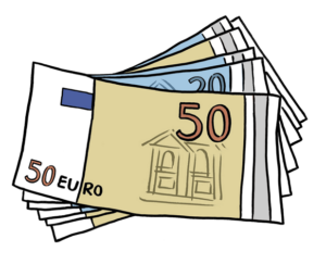 Zeichnung von sechs Euroscheinen; ob ein 50 Euro-Schein, darunter ein 20-Euro-Schein.