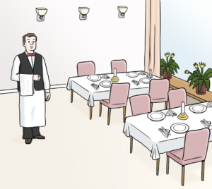 Zeichnung eines Restaurants mit zwei gedeckten Tischen. Links im Bild ein Kellner.